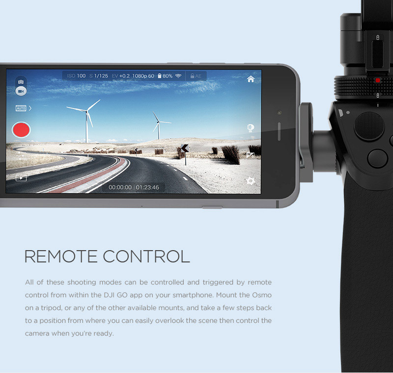All of DJI's Smart Shooting modes can be controlled and triggered by remote control from within the DJI GO app on your smartphone. Mount the Osmo on a tripod, or any of the other available mounts, and take a few steps back to a position from where you can easily overlook the scene and control the camera.