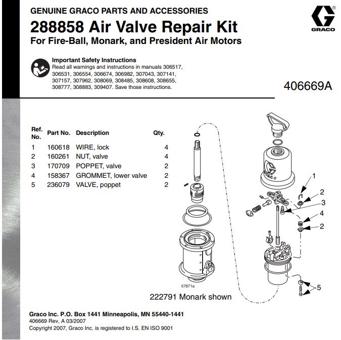 Graco 288858 AIR MOTOR VALVE REPAIR KIT