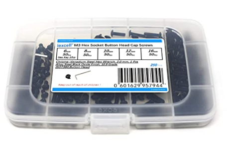 iExcell 250 Pcs M3 x 6mm/8mm/10mm/12mm/16mm 10.9 Grade Alloy Steel Black Oxide Finish Hex Socket Button Head Cap Screws and Hex Key Wrench Kit