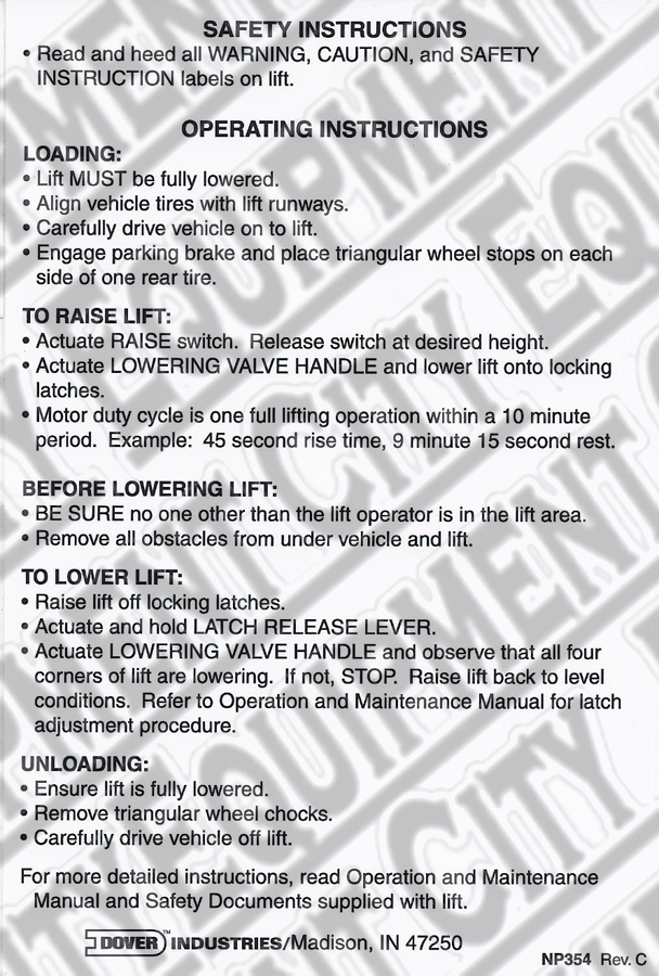 Rotary NP354 SAFETY/OPERATING INSTRUCTIONS