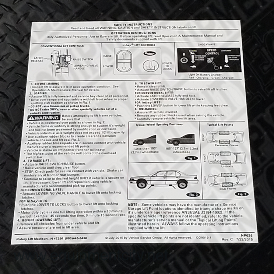 Rotary NP636 OPERATING INSTRUCTION DECAL - Included in FA5203KIT